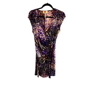 Laundry by Design Womens 6 True Wrap Dress Animal Print Cap Sleeve Purple Black